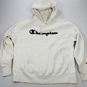 Champion Reverse Weave Mens L White Script Logo Hoodie Sweatshirt Y2K